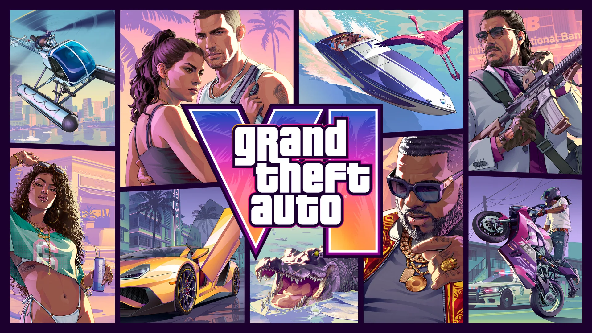 Official Grand Theft Auto VI key art featuring Jason, Lucia, vehicles, and the GTA VI logo
